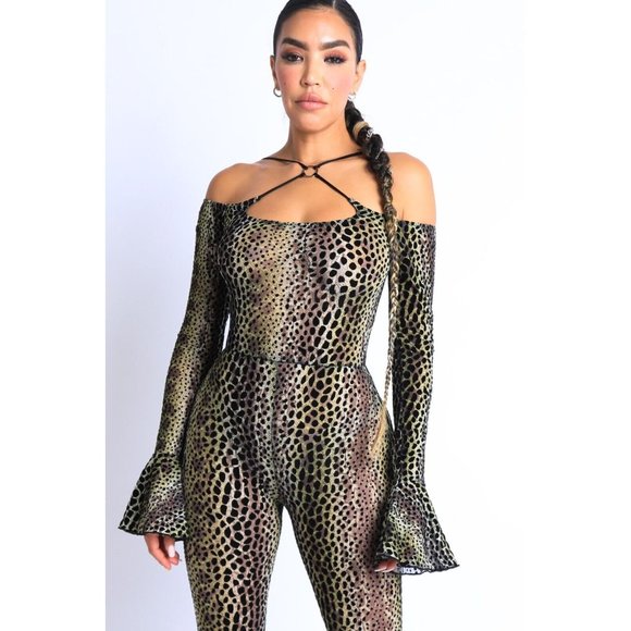 Women's Cheetah Flared Sleeve O-Ring Off Shoulder Jumpsuit Party Club Jumpsuit - Picture 7 of 10